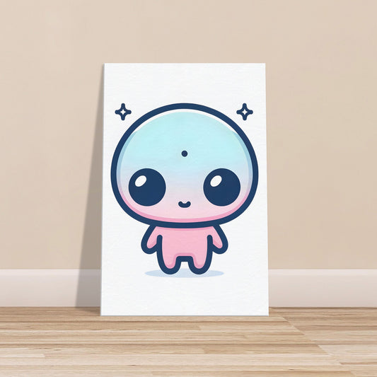 Minimalist cartoon alien with large eyes and soft pastel colors on a plain white background.
