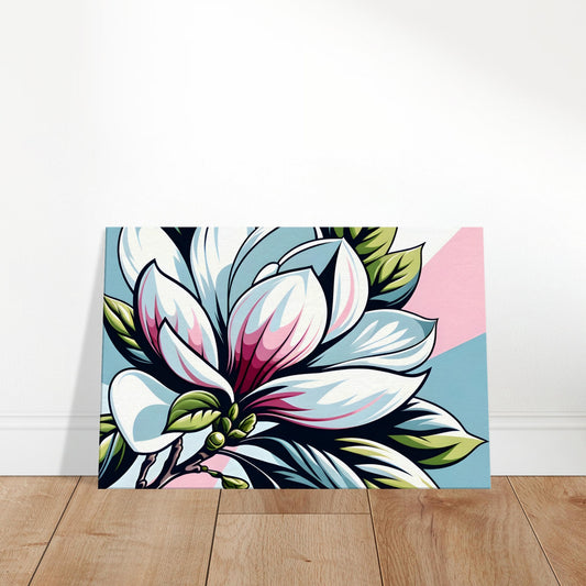 Pop art magnolia artwork with white petals, pink centers, green leaves, and a pastel striped geometric background.