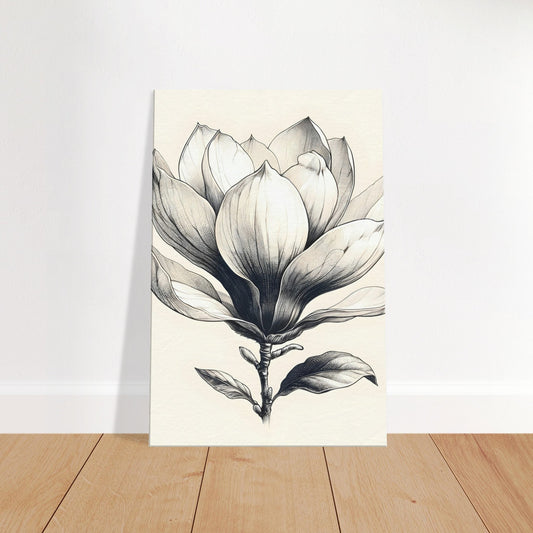 Minimalist pencil sketch of a magnolia flower with fine lines and soft shading on a plain white background