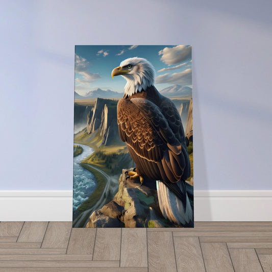 Wall art of a majestic bald eagle perched above a valley with river, cliffs, and snowy mountains.
