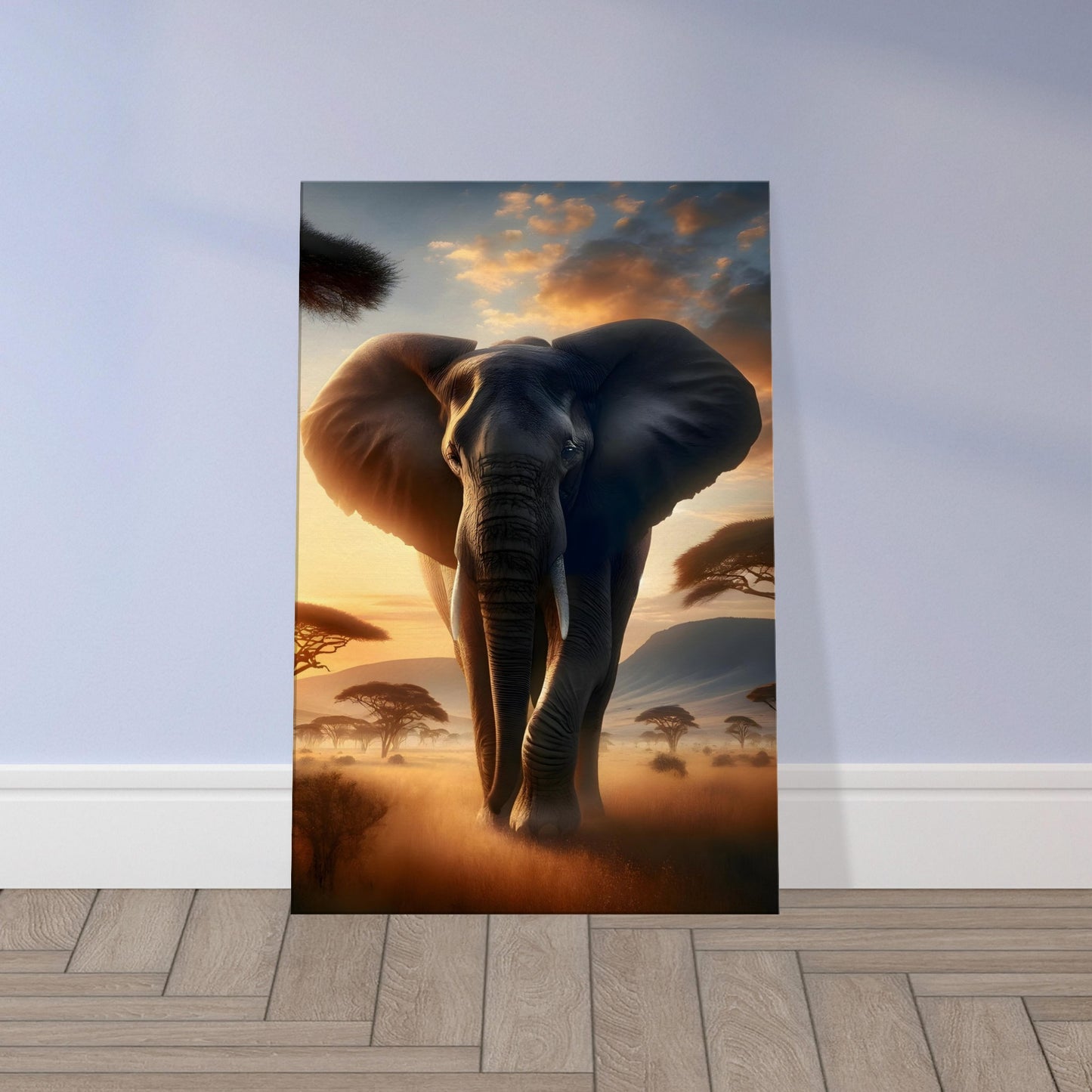 Wall art of a majestic elephant with wide ears against a sunrise savanna backdrop with acacia trees.
