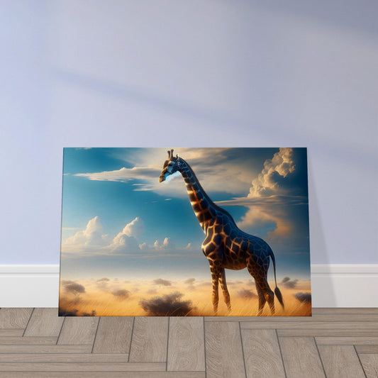 Wall art of a majestic giraffe with distinct coat pattern against a golden savannah at sunset.