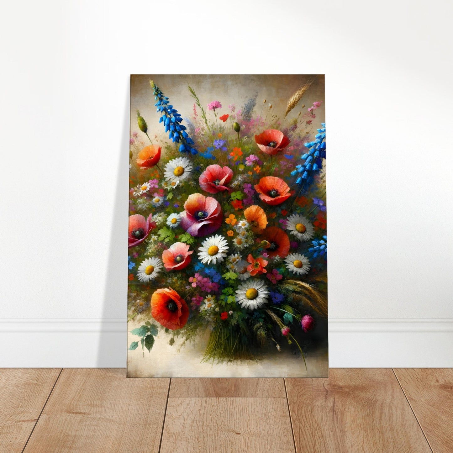 Classic-style painting of a wildflower bouquet with poppies, daisies, and bluebells, featuring rich colors and textured brushwork.