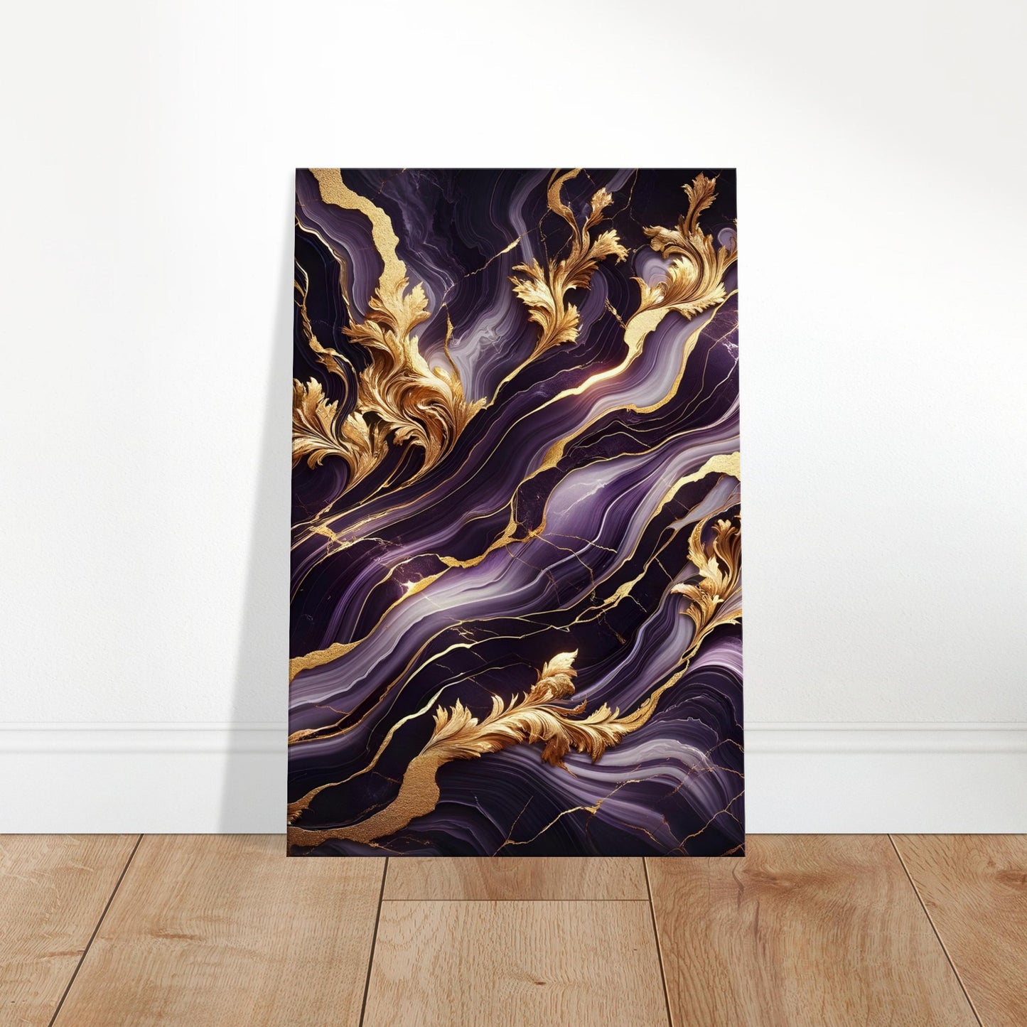 Purple marble wall art with luxurious gold veins and a polished finish for a regal and elegant aesthetic.