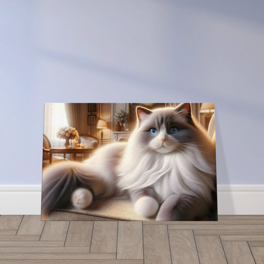 Ragdoll cat with blue eyes lounging on an armchair in warm sunset light, detailed white and grey fur in a cozy interior.