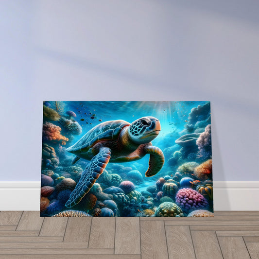 Hyper-realistic image of a majestic sea turtle swimming gracefully among colorful coral reef and marine life.