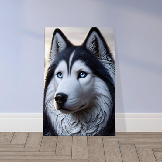 Siberian Husky with blue eyes in a snowy forest landscape, showcasing thick fur and a calm expression.