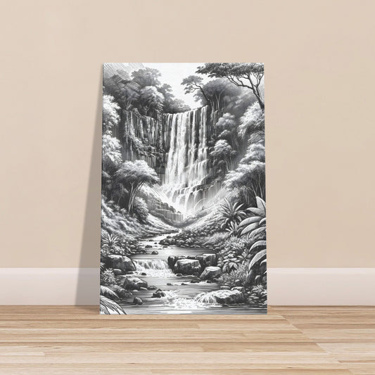 Black and white sketch of a majestic jungle waterfall framed by tropical vegetation and rocky cliffs.