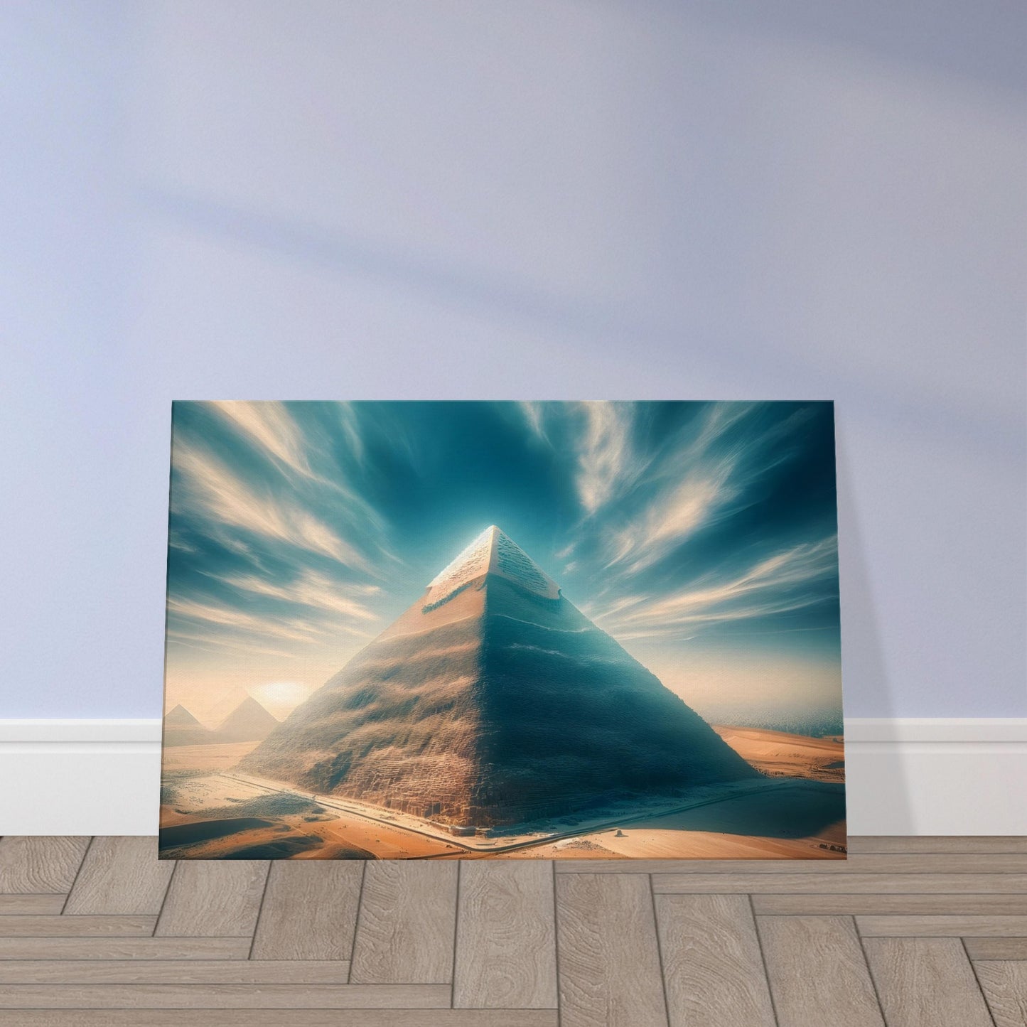 Great Pyramid of Giza under a clear blue sky, bathed in golden sunlight with detailed shadows across the desert landscape.