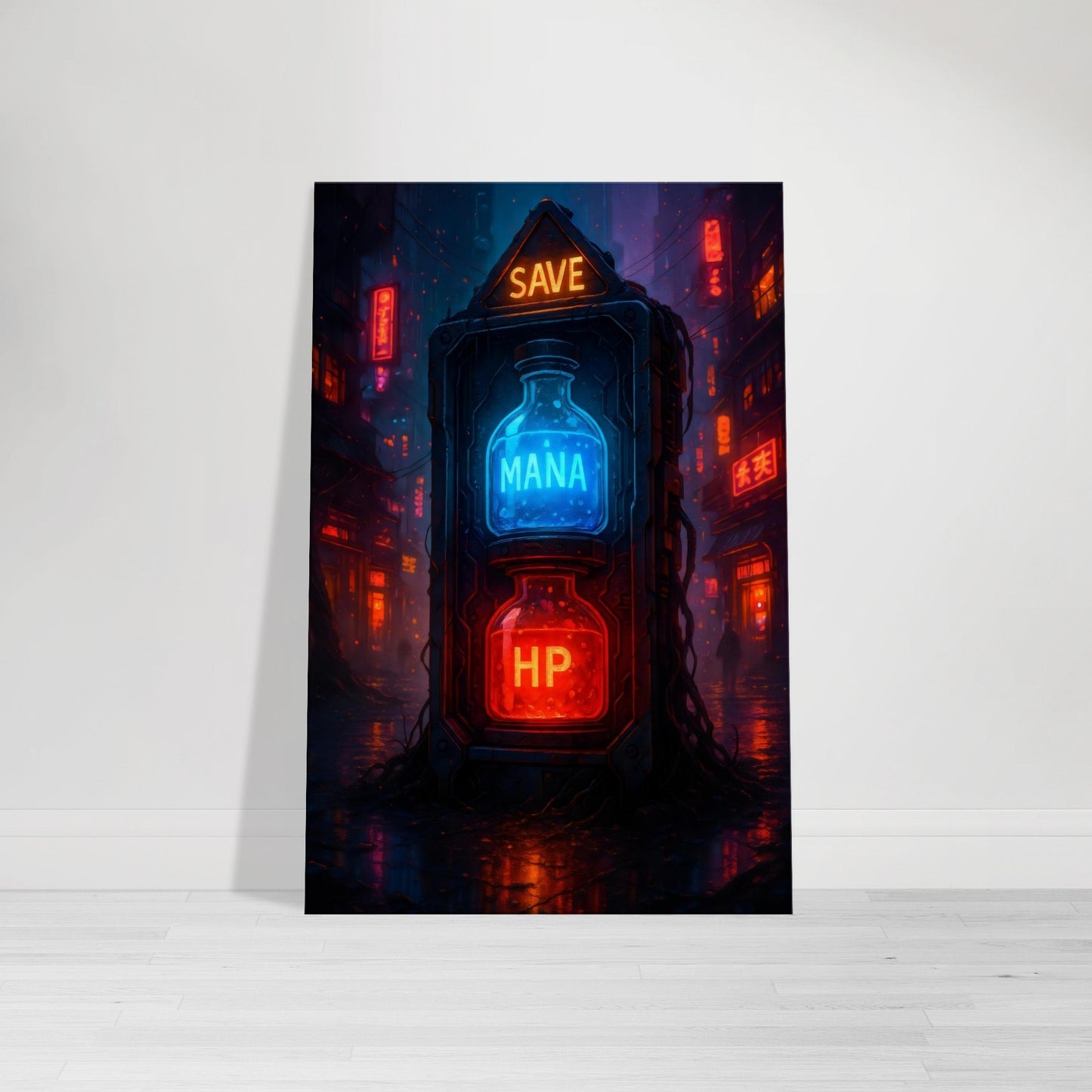 Gamer wall art showing glowing red HP potion and blue Mana potion bottles in neon light.