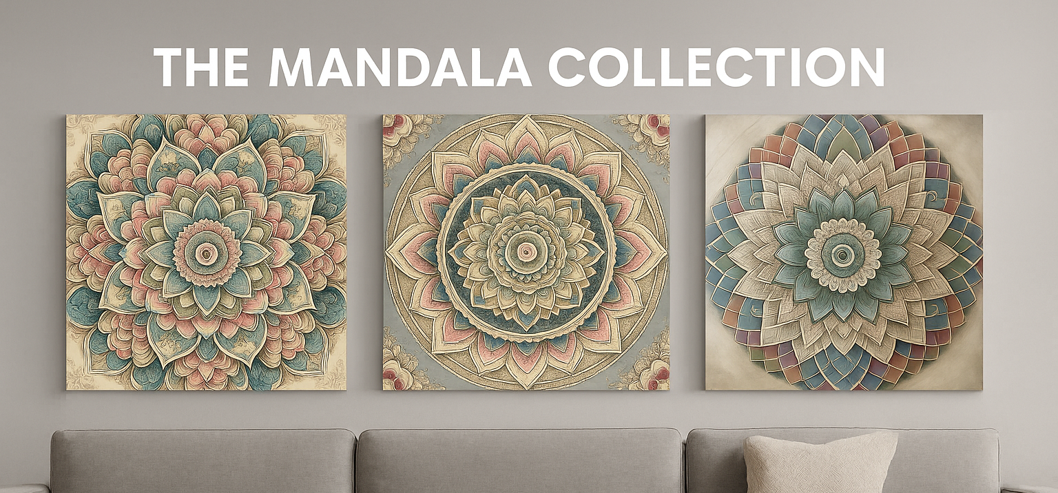 A promotional digital banner for "The Mandala Collection" featuring three intricately detailed mandala canvases in pastel, vibrant, and neutral tones, elegantly displayed in a modern living room setting with soft natural lighting and wooden flooring, promoting a 15% discount.