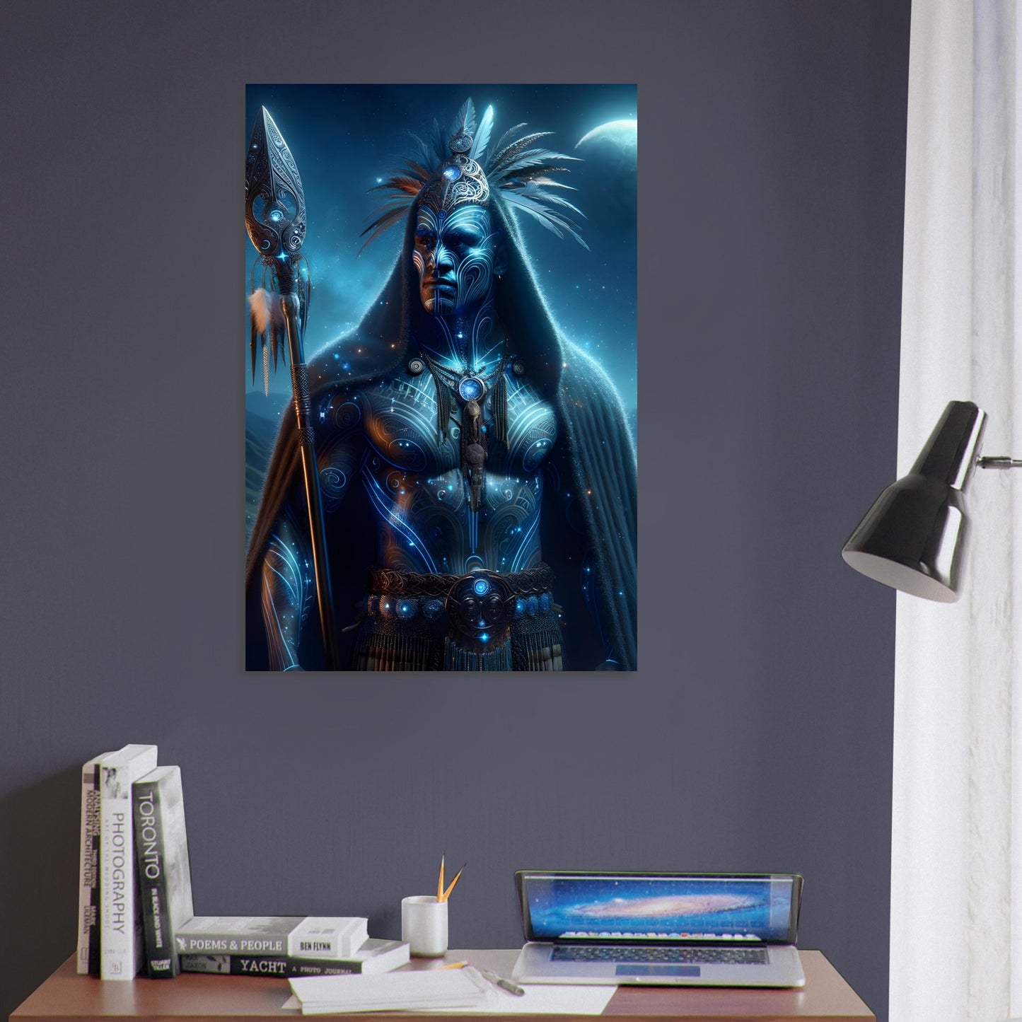 A Maori warrior in traditional attire with glowing blue and silver tattoos holds a taiaha beneath a moonlit New Zealand landscape.