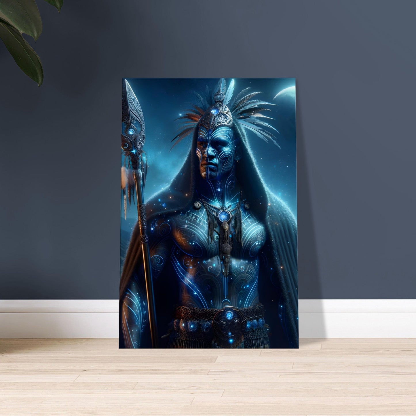A Maori warrior in traditional attire with glowing blue and silver tattoos, taiaha, and cloak stands under a moonlit New Zealand sky.