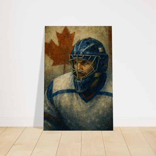 Ice hockey goalie in action, wearing a red jersey with a maple leaf overlay in the background.