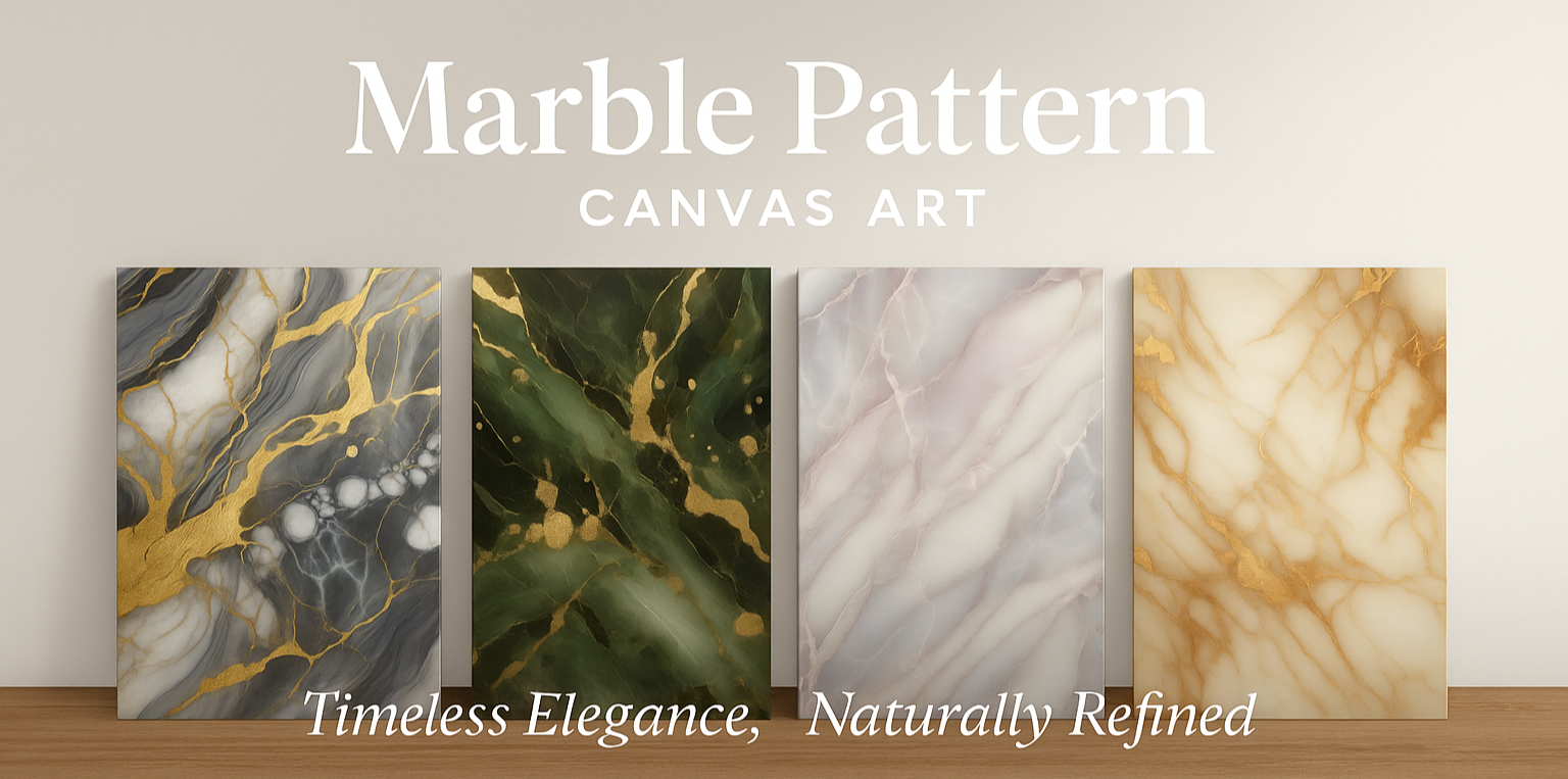A digital banner for "Marble Pattern Canvas Art" displays four elegant marble canvas prints with gold, green, lavender, and beige tones, promoting a 20% discount with the code 20OFFCANVAS, set against a minimal gradient background with centered serif and sans-serif typography.