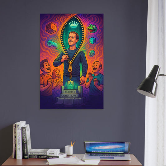 Mark Zuckerberg peeling back reality to reveal glowing code with NPCs and emojis – satirical metal wall art.