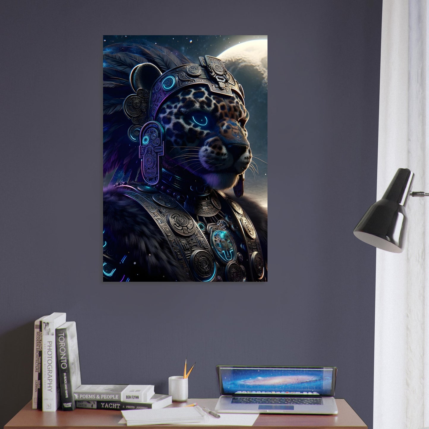 A Mayan Jaguar Warrior in cosmic blue and purple armor with glowing headdress and shield stands before a moonlit Mayan temple.