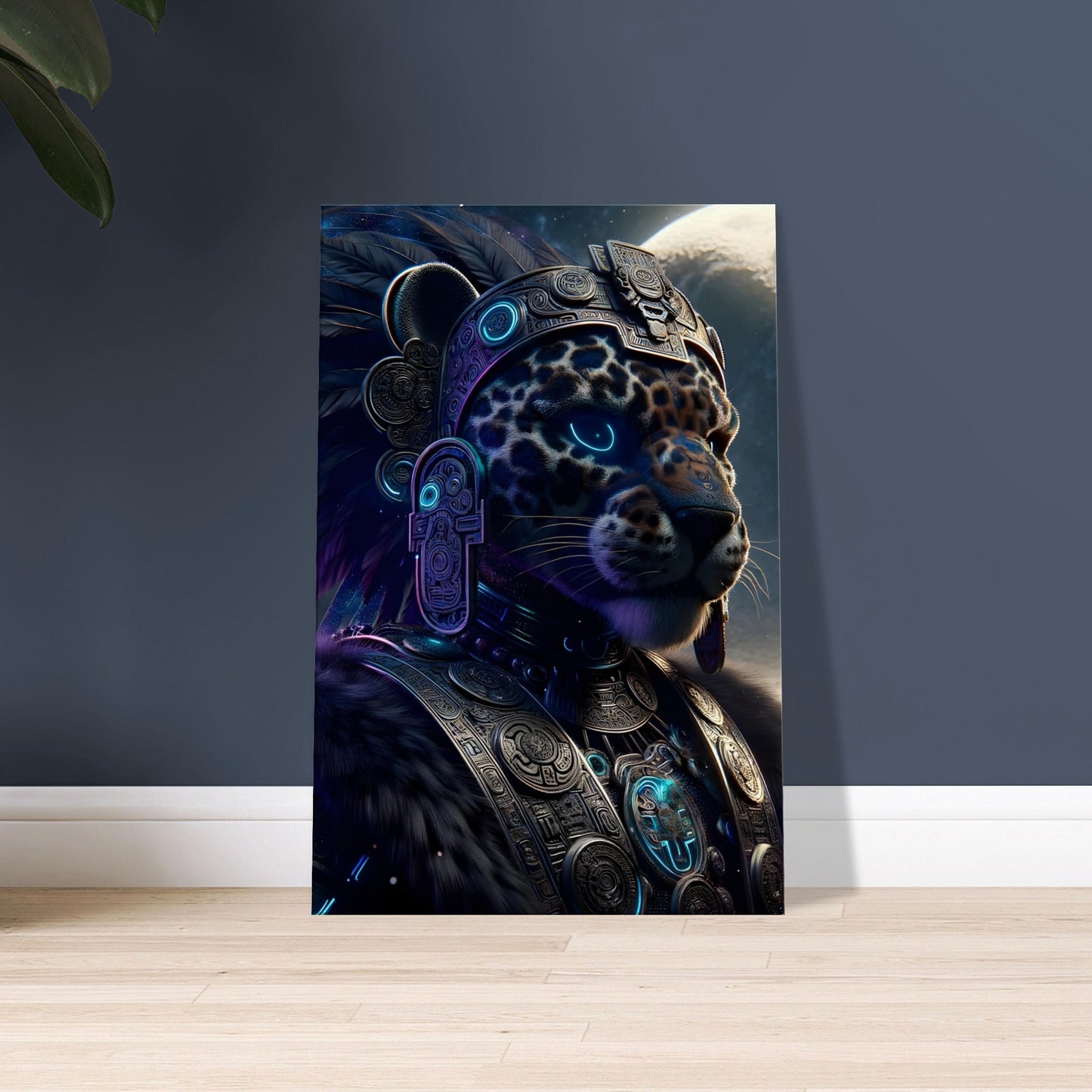 A Mayan Jaguar Warrior in glowing blue and purple armor with a radiant headdress and shield stands before a moonlit Mayan temple.