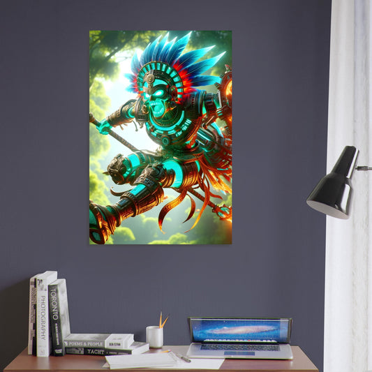 A Mayan warrior mid-leap with spear and shield, wearing glowing red and turquoise armor in a dense, vibrant jungle.