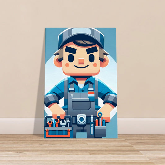 Minimalist cartoon Mechanic Mike in blue and grey overalls with a tool belt on a solid background.