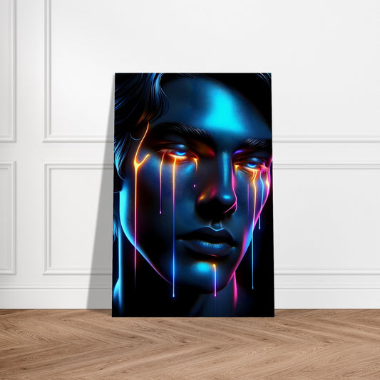 Portrait of a contemplative figure with cool-toned paint drips in blue and purple, expressing melancholy in a modern style.