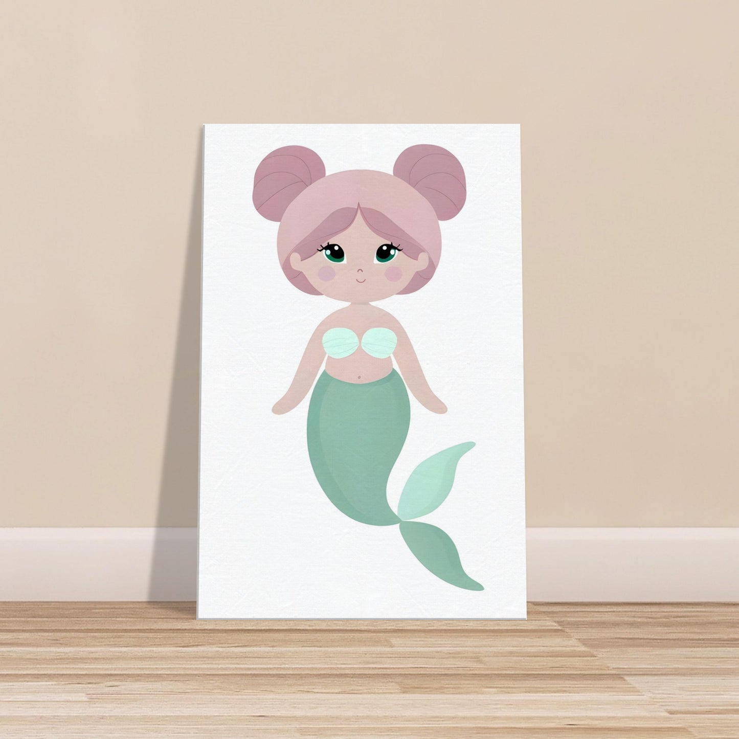Minimalist cartoon mermaid in soft feminine colors on a plain white background.