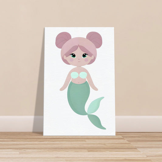 Minimalist cartoon mermaid in soft feminine colors on a plain white background.