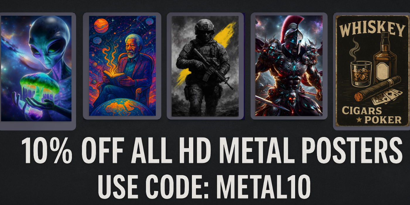 3:2 landscape banner displaying five HD metal poster artworks including a lightning-haired deity, Spartan warrior, cosmic DJ, Cthulhu, and red-accented soldier, with bold text reading '10% OFF ALL HD METAL POSTERS — USE CODE: METAL10' on a dark textured background.