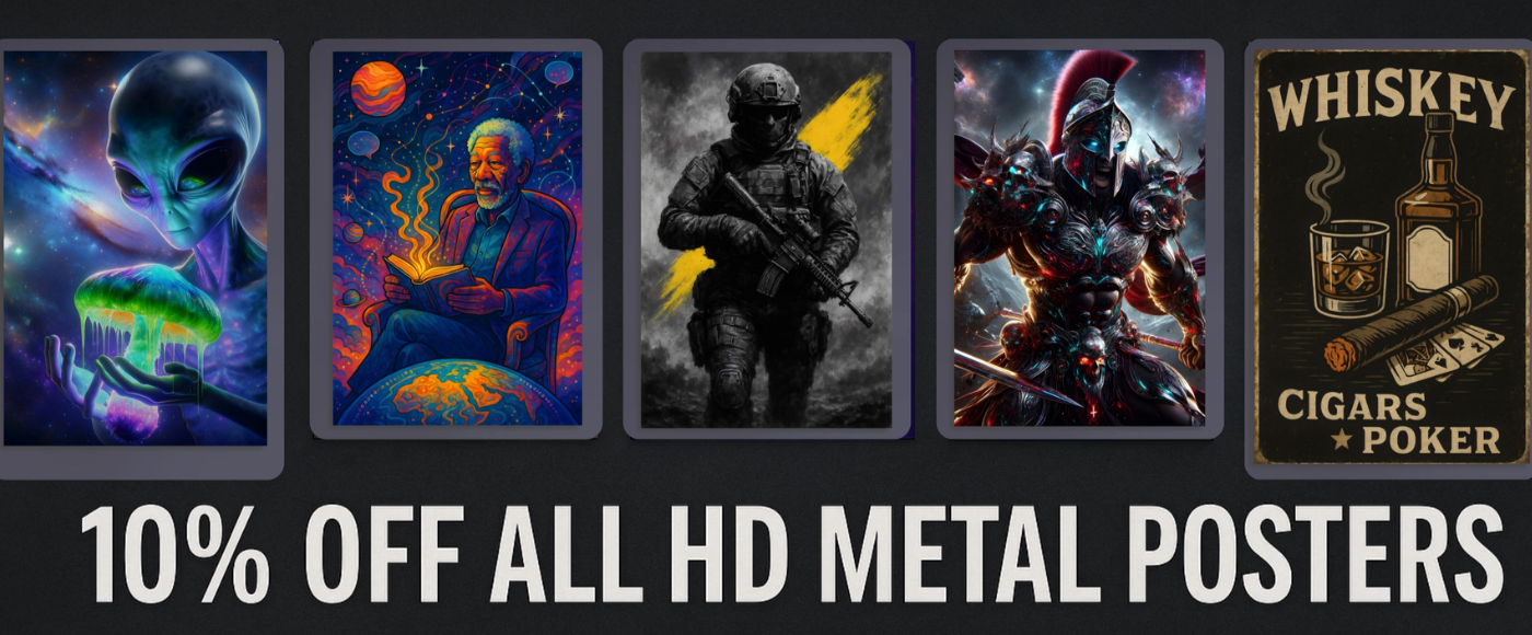 3:2 landscape banner displaying five HD metal poster artworks including a lightning-haired deity, Spartan warrior, cosmic DJ, Cthulhu, and red-accented soldier, with bold text reading '10% OFF ALL HD METAL POSTERS — USE CODE: METAL10' on a dark textured background.