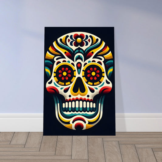 Front-facing Mexican skull in pop art style with solid bold colors and clean lines on a dark background.