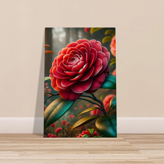 Middlemist Red Camellia flower with velvety red petals surrounded by lush green foliage, bees, and butterflies in a garden setting