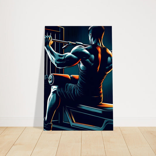 Pop art style lat pulldown workout in dark gym with neon orange highlights