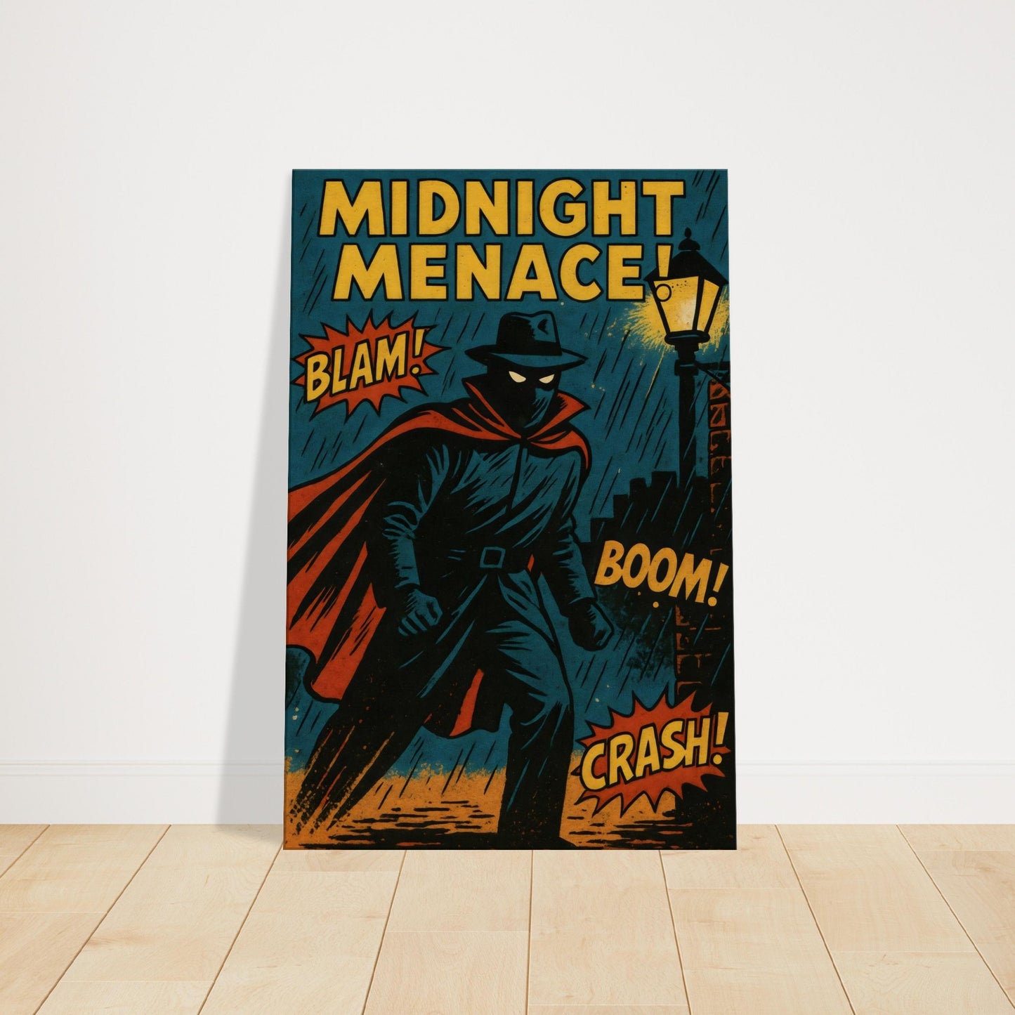 Vintage comic cover of masked vigilante walking in rainy alley under lamppost with BLAM and CRASH comic text.