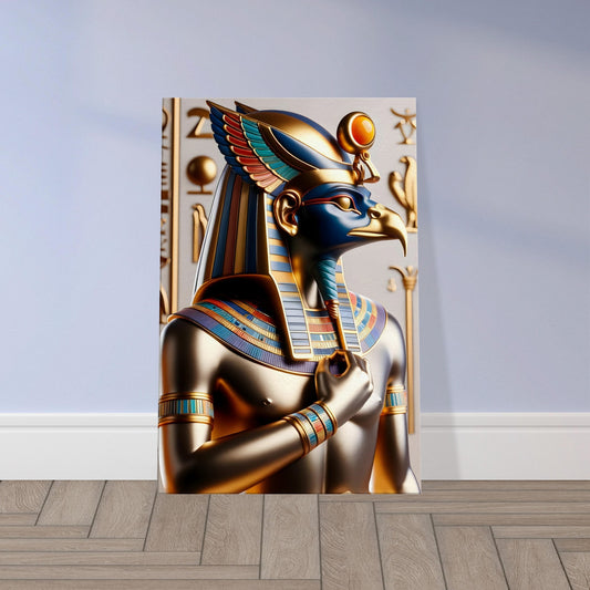 Egyptian god Horus with a falcon head, sun disk crown, and pharaonic regalia adorned with hieroglyphs and symbols of royalty.