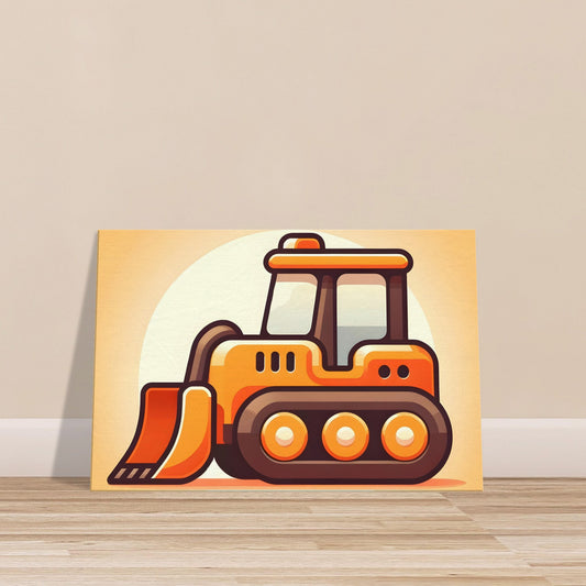 Cartoon-style bright orange digger with large eyes on a soft light orange to white gradient background.