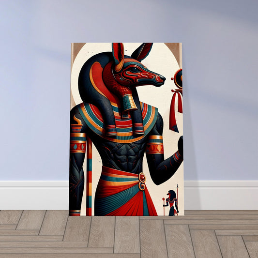 Egyptian god Set with animal head, red crown, and Was scepter in a dynamic pose symbolizing chaos and protection.