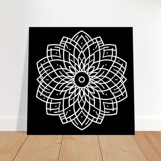 Black and white mandala artwork with bold, minimal lines and geometric symmetry, embodying clarity and modern simplicity.