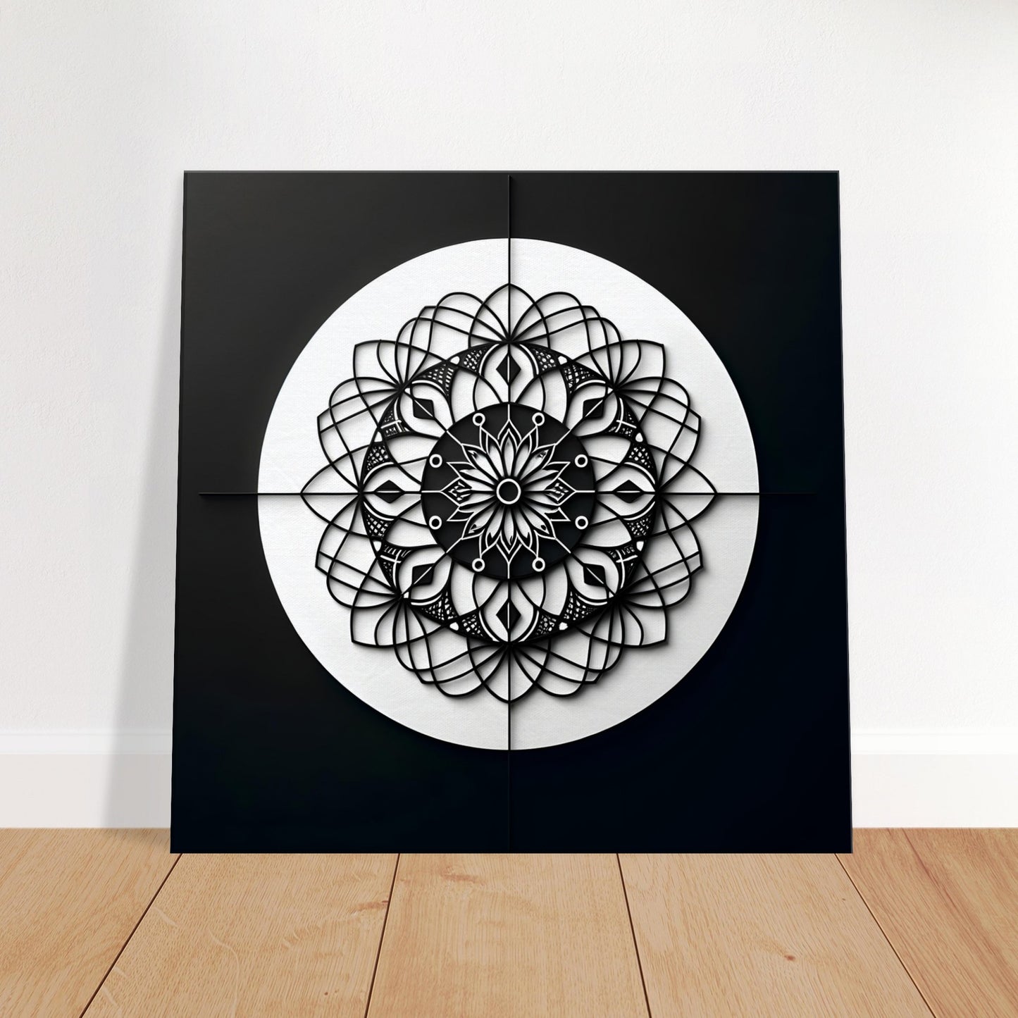 Black and white mandala artwork featuring clean lines and geometric shapes, emphasizing minimalist elegance and visual clarity.