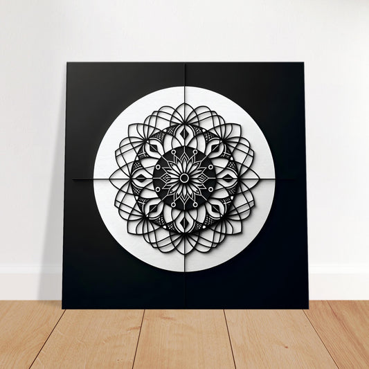 Black and white mandala artwork featuring clean lines and geometric shapes, emphasizing minimalist elegance and visual clarity.