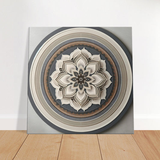 Minimalist mandala artwork with clean lines and earthy tones of charcoal, cream, and brown, evoking peace and contemporary simplicity.