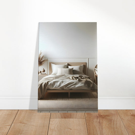 Minimalistic bohemian bedroom with neutral tones, pampas grass, and a modern wooden bed.