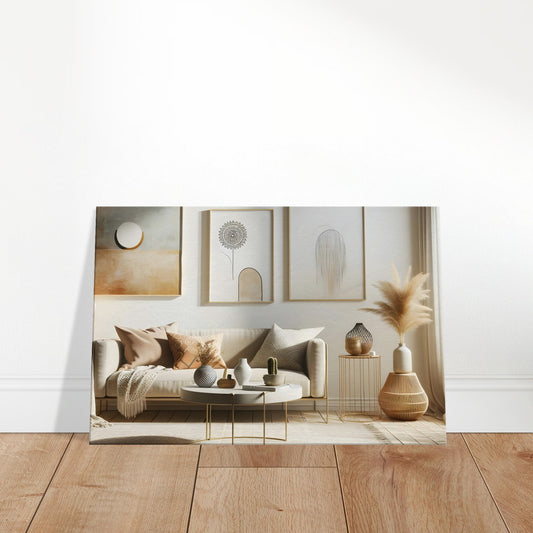 Minimalistic bohemian living room with neutral sofa, geometric cushions, abstract wall art, and cozy textured accents.