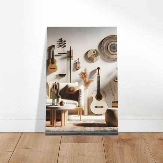 Bohemian music room with wall-mounted guitars, violin, earthy decor, sofa, and pampas grass in a minimalistic style.