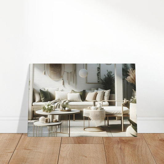 Minimalistic bohemian patio with white sofa, macramé wall hanging, woven lights, and potted greenery on a sunlit deck.