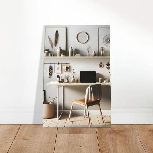 Minimalistic bohemian workspace with a modern desk, neutral ceramics, and botanical accents on a light-filled wall.
