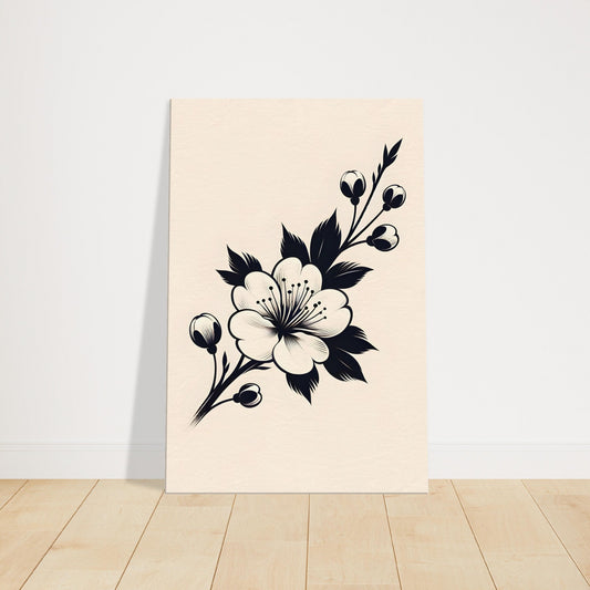 Minimalist monochrome artwork of a blooming cherry blossom with buds on a clean background.