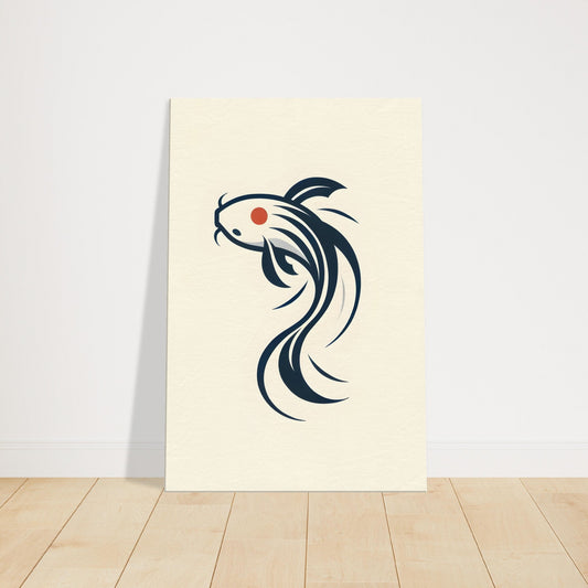 Minimalist artwork of a single Koi fish with flowing lines and a touch of color on a clean background.