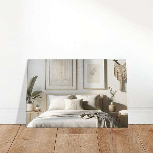 Minimalist master bedroom with cream linens, wooden bed, macrame wall art, and potted greenery.