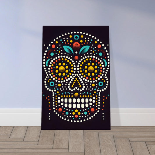 Minimalist artwork of a Mexican-style skull outlined with colorful dots in a simple, modern pattern.