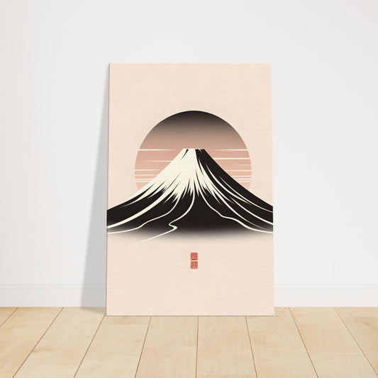 Stylized minimal art of Mount Fuji with soft pastel sky and snow-capped peak.